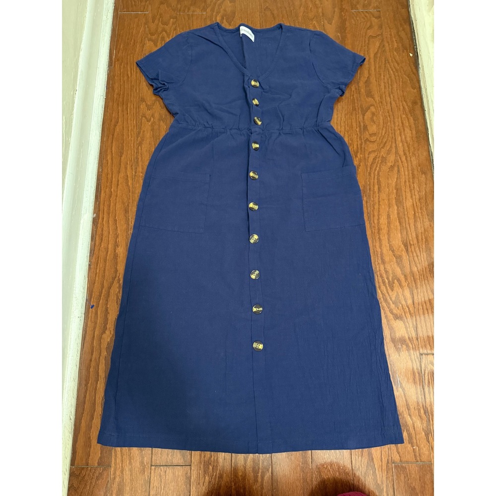 Dressbarn Womens Navy Blue Button Front Midi Dress Short Sleeve Pockets Size‎ M